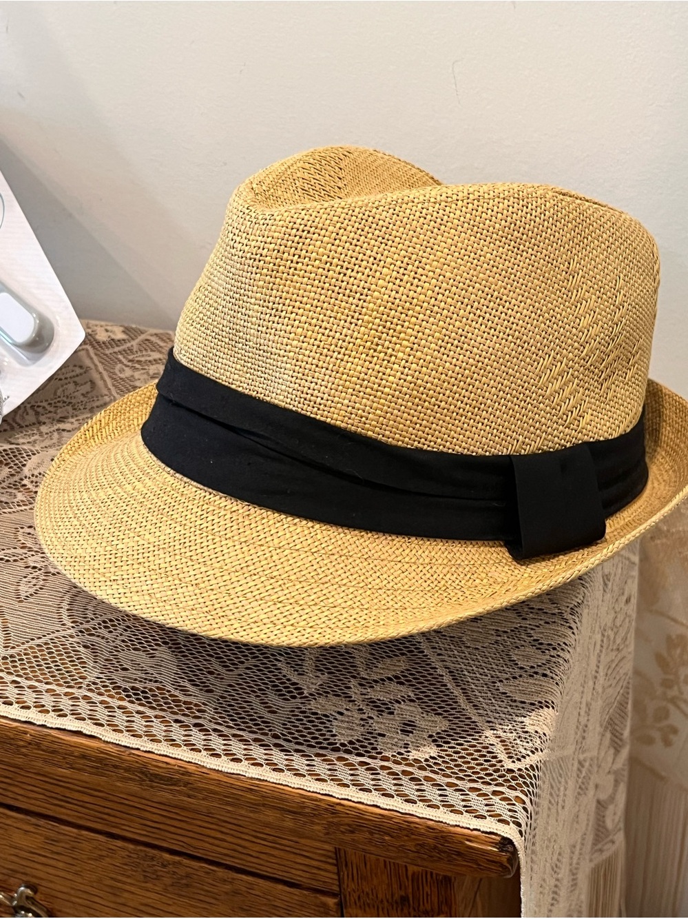 Vintage Milani Natural Straw Trilby Fedora with Black Grosgrain Band